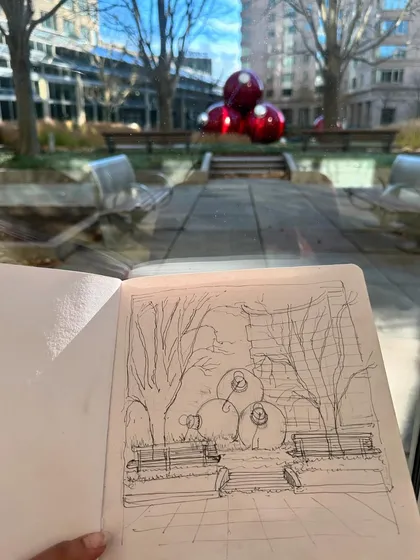 The initial ink sketch of the Prudential Center scene, viewed from inside looking out. This shows the framework before I add watercolour.