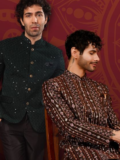 A legacy of elegance. Two models showcase different Bandhgala styles, one in dark green and another in a patterned brown, demonstrating our range of customisation.