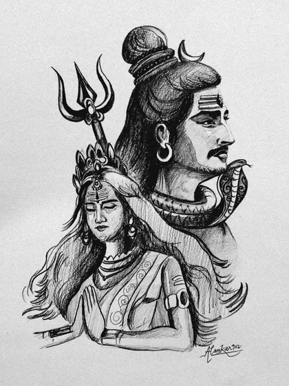 The finished sketch of Shiv and Parvati, a tribute to their eternal love. This was created for Mahashivratri, using graphite pencils to capture their divine presence.