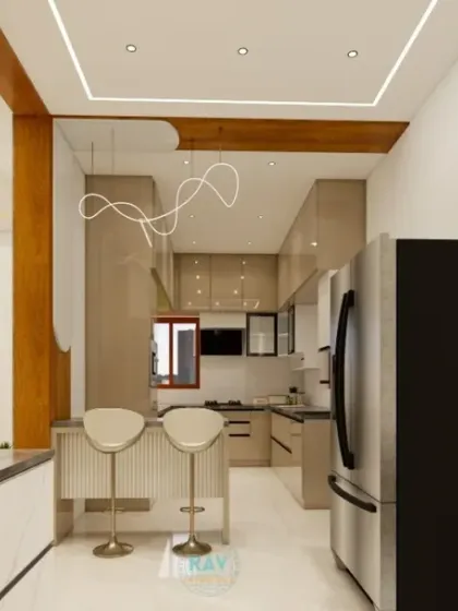 A 3D render of a long galley-style kitchen with a breakfast bar. The design uses a neutral color palette with modern lighting to create a spacious and elegant cooking area.