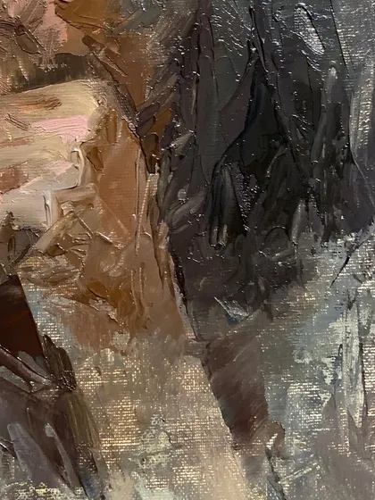 An abstract detail from "Thinking Transition," where the figure dissolves into pure texture and brushwork.