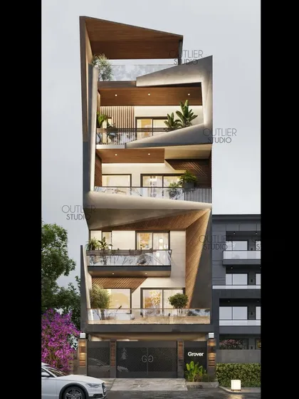 For this multi-story residential building, I used a deconstructed approach with staggered, angular forms. This creates private, sheltered balconies for each floor and gives the entire structure a unique, sculptural identity.