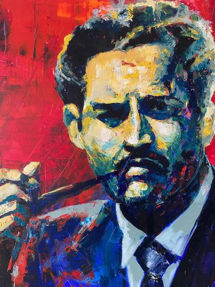The full Guru Dutt portrait against a striking red background. This piece has been sold to a private collector, but I can create a similar custom piece for you.