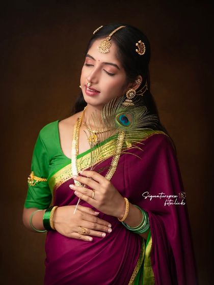 This close-up highlights the delicate traditional jewelry and peaceful expression in our Ravi Varma inspired series.