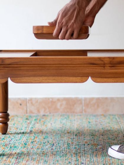 A detailed look at the Mysore Inlay Collection. These images highlight the functional aspects, such as the detachable bench on the bookshelf and the removable tray on the center table, alongside the exquisite craftsmanship.