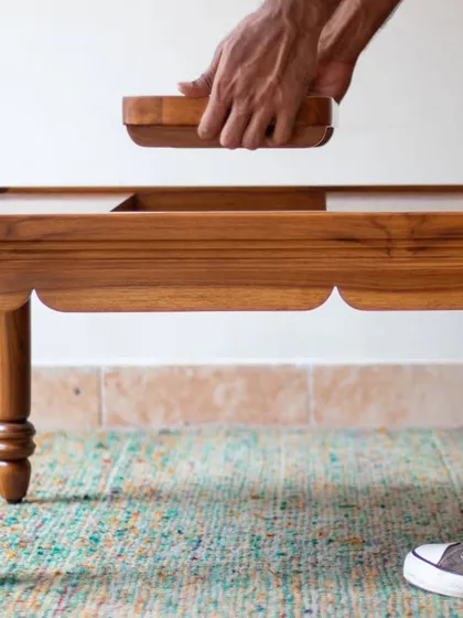 A detailed look at the Mysore Inlay Collection. These images highlight the functional aspects, such as the detachable bench on the bookshelf and the removable tray on the center table, alongside the exquisite craftsmanship.