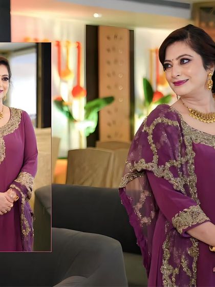 An elegant look for the mother of the groom at the Dhol party. Her makeup is classic and refined, paired with a beautiful hair updo adorned with a gold accessory.