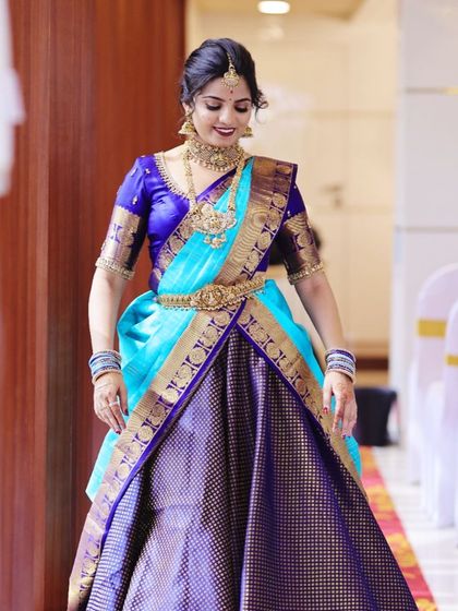 For another engagement function, Vinaya chose a traditional temple jewellery set to go with her half-saree, showcasing the variety in our collection.