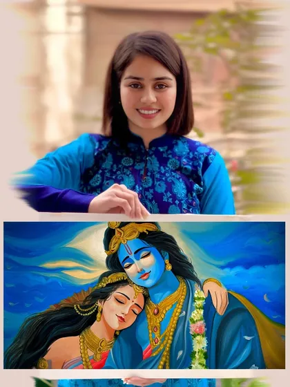 A collage showing me with the large Radha Krishna painting, a blessing to start 2024.