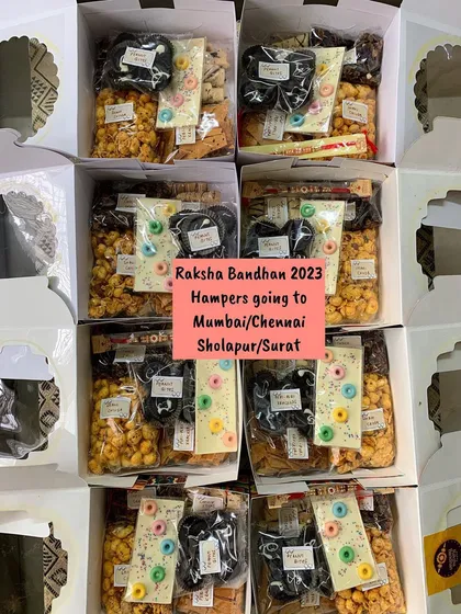 My Raksha Bandhan hampers all packed and ready to be shipped to Mumbai, Chennai, Sholapur, and Surat. I love sending these boxes of edible love across the country.