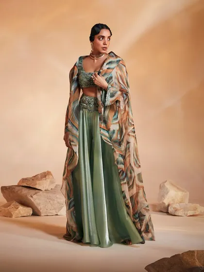 The Adoree Cape Set, a perfect balance of modern print and traditional embellishment, designed to make a statement.