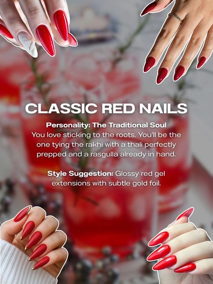 For the traditional soul this Rakhi. This style suggestion features classic glossy red gel extensions with a hint of gold foil.