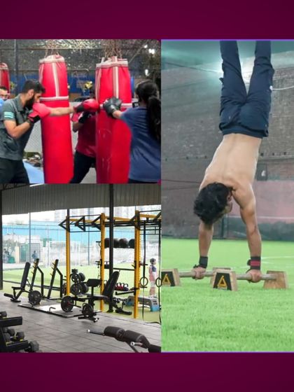 This collage highlights the core of our training: powerful striking in our boxing classes, advanced calisthenics skills like the handstand, and our fully equipped weight training area.