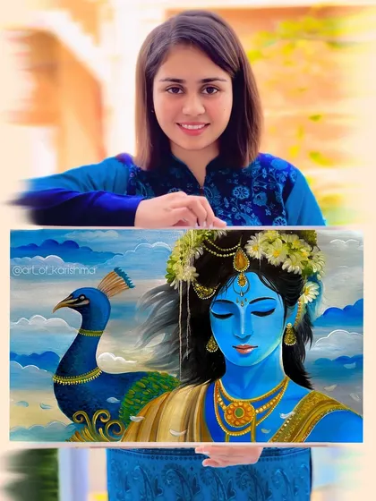 A custom oil painting of Krishna with a peacock, available for purchase.