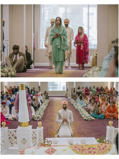 The bride's sister walks down the aisle at the Gurudwara before the Anand Karaj begins. In the background, the groom waits, creating a sense of anticipation for the ceremony to come.