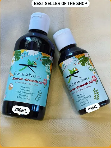 Meet my all time bestseller, the Hair Re-Growth Oil. I make this using a traditional recipe with more than 15 potent herbs to help reduce hair fall, fight dandruff, and promote new growth. It's available in both 100ml and 200ml bottles.