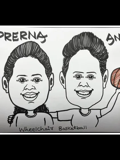 I had the honor of drawing the captain of Maharashtra’s Wheelchair Basketball team at a live event. This black and white caricature captures her strength and spirit, a truly memorable moment for me.