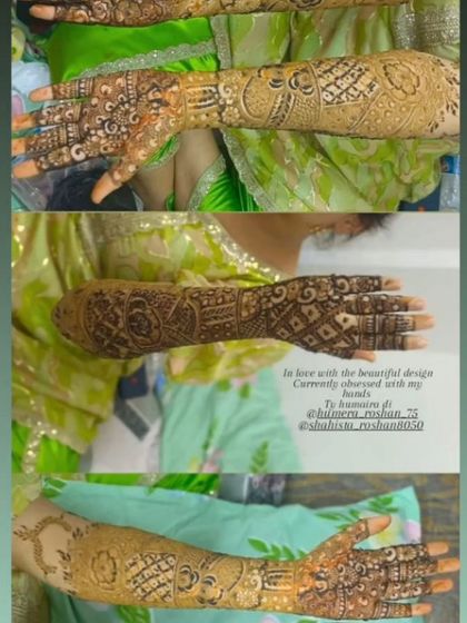 A collage showing different angles of a beautiful and complex bridal design. You can see a mix of motifs, including paisleys, florals, and geometric patterns, creating a rich texture.
