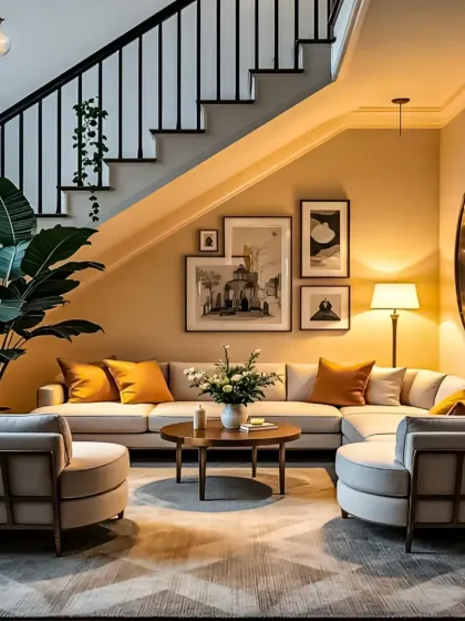 We utilized the often-overlooked space under a staircase to create this warm and inviting living room nook. The layout maximizes seating with a comfortable sectional sofa, complemented by a gallery wall and ambient lighting.