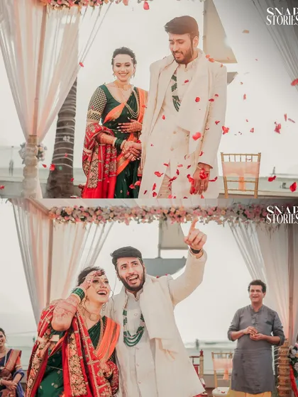 Two fun-filled moments from a wedding ceremony, showing the couple's playful and joyous interactions. We believe wedding photos should be full of life and personality.