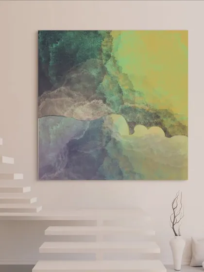 "And He Slept," an abstract digital painting shown in a staged photo. This helps visualize how a large-scale print of the artwork could look in a modern home.