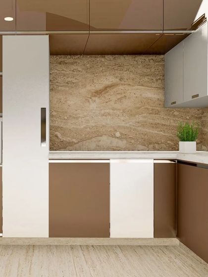 This U-shaped kitchen design features a mix of brown and white glossy laminates. It includes a tall unit with a built-in microwave oven for a clean, streamlined look.