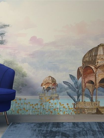 A mock-up showing how the 'Royal Rajasthan' wallpaper can create a stunning feature wall in a contemporary living space.