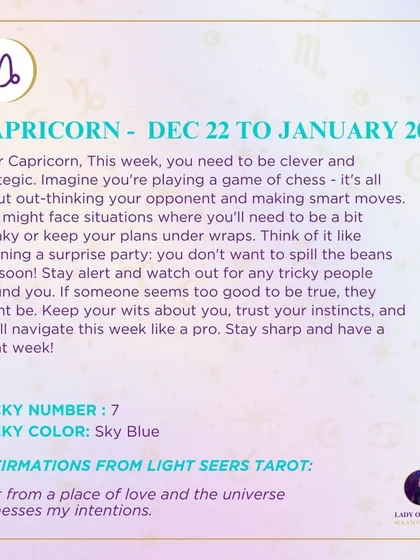 A weekly tarot prediction for Capricorn. This week, you need to be clever and strategic. You might need to be a bit sneaky or keep your plans under wraps. Trust your instincts, and you'll navigate this week like a pro.