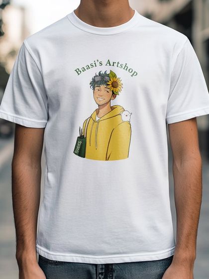 Here's a mockup of a t-shirt with my 'Baasi's Artshop' logo. I'm exploring different merchandise ideas to share my art in new ways.