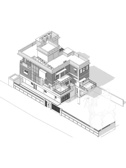 An axonometric view of the Hyderabad residence, illustrating the complete renovated and extended structure with its striated brick facade, balconies, and rooftop services.