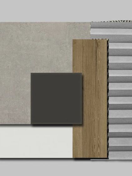 Discover the harmonious blend of materials for an office design. Featuring rich wooden textures complemented by sleek grey concrete and fluted panels, our material board showcases a perfect balance of warmth and modernity.