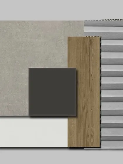 A material board for an office design, featuring rich wooden textures complemented by sleek grey and black accents. It showcases a perfect balance of warmth and modernity.