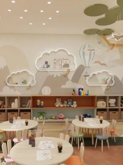 A classroom area within the crèche, crafted with love. We used playful colors, cloud-shaped shelves, and child-safe materials to create a nurturing haven for tiny adventurers.