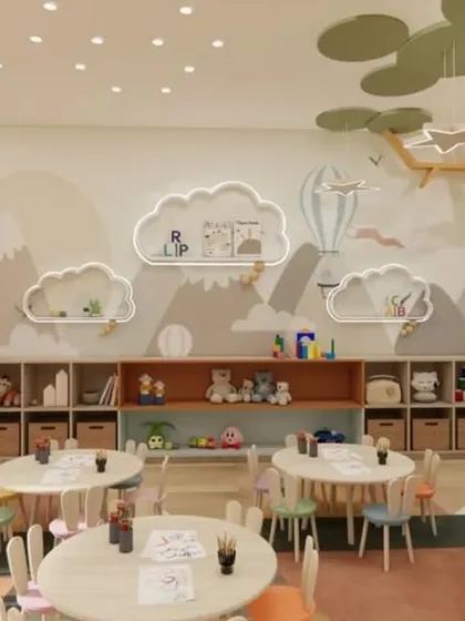 Playroom with a tree-shaped bookshelf and cloud-shaped shelves.