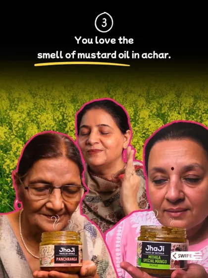 Sign #3 you're an achar lover: You love the sharp, pungent smell of mustard oil in pickles. It's the aroma of authenticity, a sign that the achar is made the traditional, homemade way.