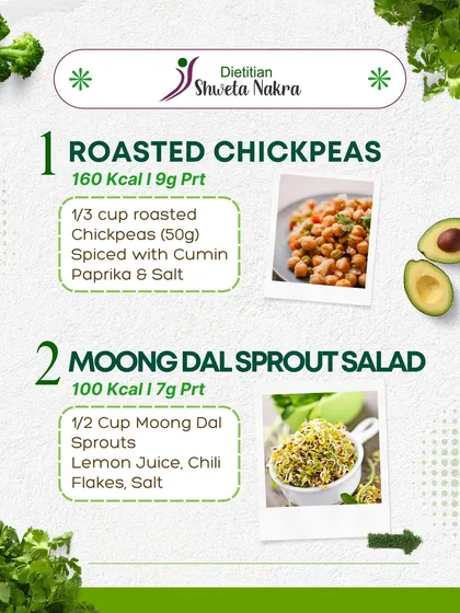 Looking for a quick, high-protein snack under 200 calories? Try roasted chickpeas or a moong dal sprout salad. These are simple, dietitian-approved options to fuel your day without the guilt.