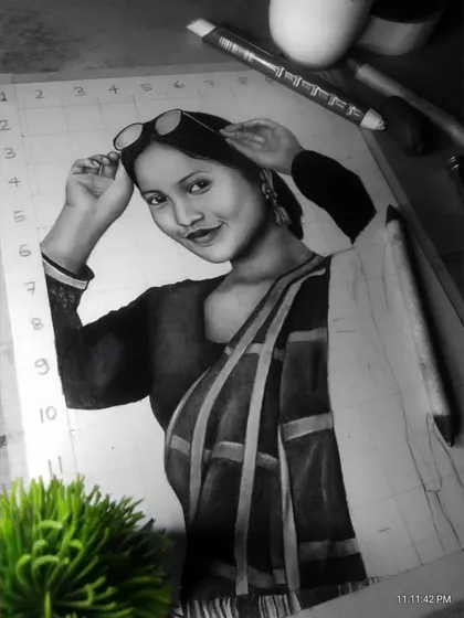A work-in-progress shot of a portrait of Basanti Majhi.