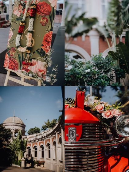 A collage of the beautiful details from Shivang and Karina's wedding, including the floral welcome sign, the vintage Rolls Royce, and the stunning architecture of the venue.