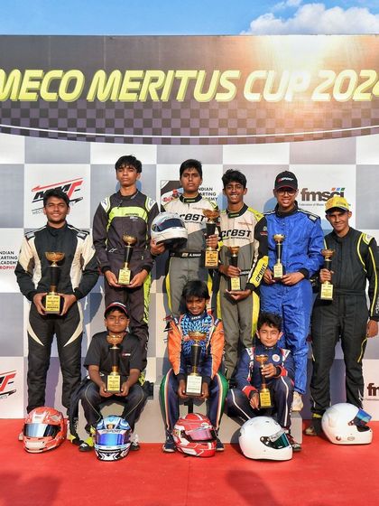 A group shot of all the winners from the first Karting Cup of 2024, the Meco Meritus Cup & Indian Karting Academy Trophy.