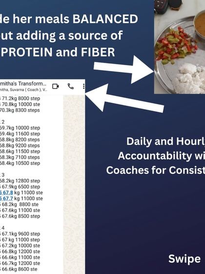 Namita, a busy working mom, lost 13.2 kgs without giving up her favorite South Indian meals like idli and dosa. We focused on adding protein and fiber, daily steps, and home workouts. Her weekly progress sheet and testimonial show the incredible, sustainable results.