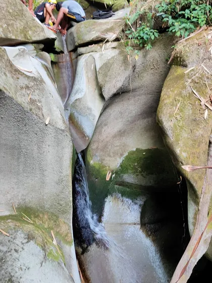 A closer look at the sculpted sandstone at the top of a waterfall. We teach our students to read the rock and water.