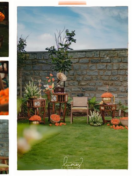 A wide shot of the creative housewarming setup, featuring vintage furniture and vegetable-based decor.