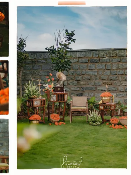 A wide shot of the creative housewarming setup, featuring vintage furniture and vegetable-based decor.