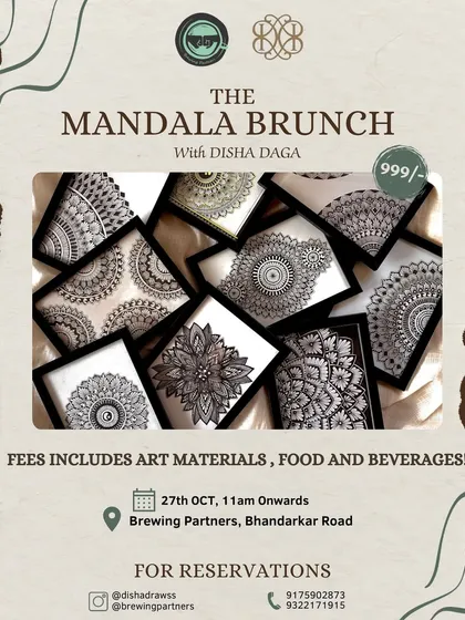 An example of a poster for "The Mandala Brunch." These events are all-inclusive, covering art materials, food, and beverages, so you can just show up and create.