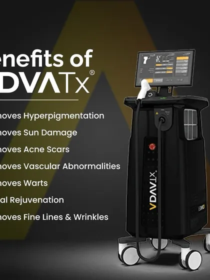 This graphic lists the wide range of benefits of the AdvaTx laser, from removing hyperpigmentation and acne scars to overall facial rejuvenation and reducing fine lines.