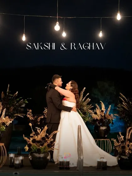 Amidst all the details, they find their moment. Sakshi and Raghav sharing a quiet embrace during their celestial-themed sangeet, surrounded by a universe we built for them.