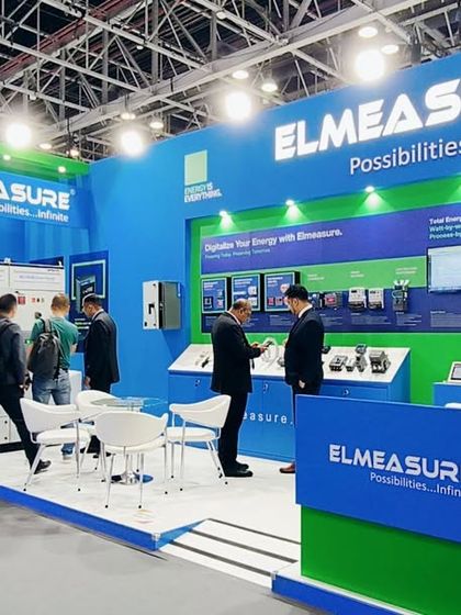 A wide shot of my vibrant and busy booth at the Middle East Energy 2025 expo in Dubai.