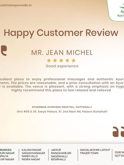 A review from our Guttahalli Ayurveda Hospital by an international patient, Mr. Jean Michel. He recommends our hospital for its professional massages, authentic treatments, and strong emphasis on hygiene, leaving him feeling relaxed and relieved.