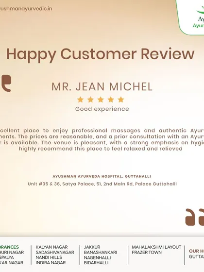 This review from Mr. Jean Michel for our Ayushman Ayurveda Hospital in Guttahalli highlights our professional massages, authentic treatments, and pleasant, hygienic environment. We are recommended as an excellent place to feel relaxed and relieved.