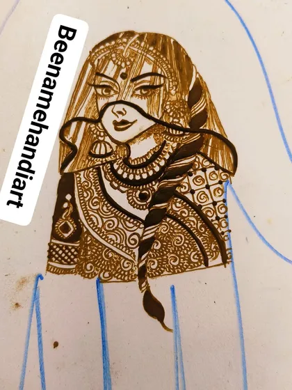A sketch of a bride with a veil, a classic and elegant portrait for a wedding mehandi.